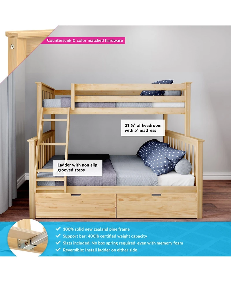Max & Lily Solid Wood Bunk Bed with Storage Drawers and Ladder for Kids