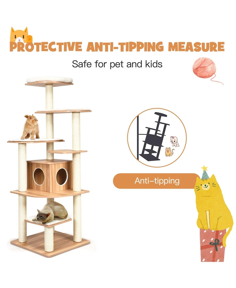 Cozito Cat Tree 7-Layer Wooden Tower with Sisal Posts and Condo
