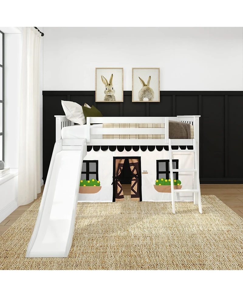 Max & Lily Low Bunk With Easy Slide and Farmhouse Curtain