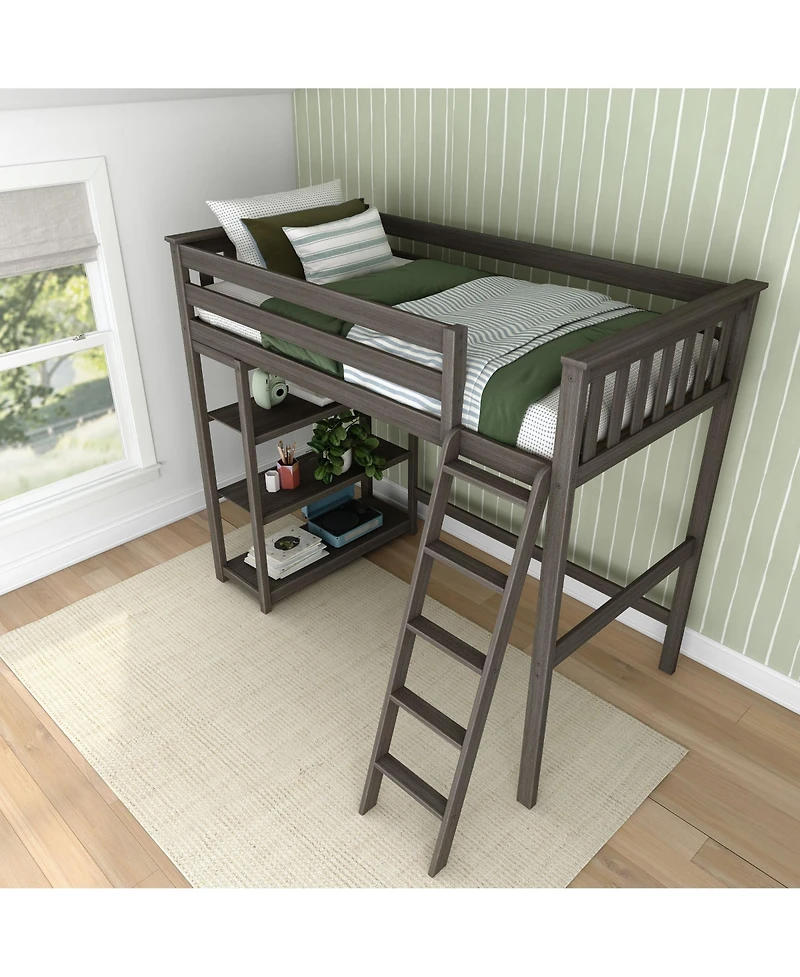 Max & Lily Solid Wood High Loft Bed,Twin Bed Frame For Kids With Bookcase and Ladder