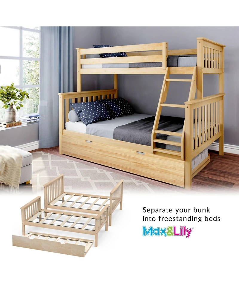 Max & Lily Solid Wood Bunk Bed, Twin over Full with Storage Trundle and Ladder for Kids