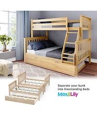 Max & Lily Solid Wood Bunk Bed, Twin over Full with Storage Trundle and Ladder for Kids