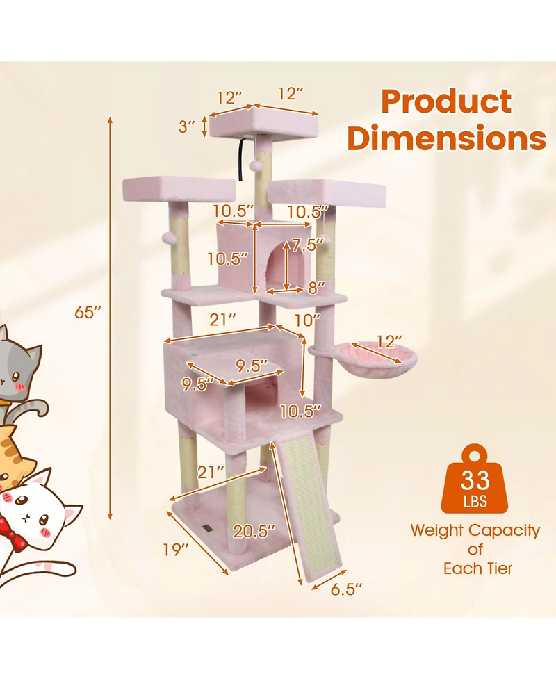 Cozito Cat Tree 65 inch with 3 Plush Perches and 2 Condos
