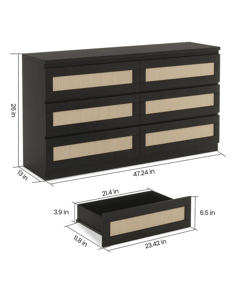 gaomon 6 Drawer Rattan Dresser for Bedroom, Double Wood Chest of Drawers Tv Stand