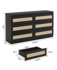 gaomon 6 Drawer Rattan Dresser for Bedroom, Double Wood Chest of Drawers Tv Stand