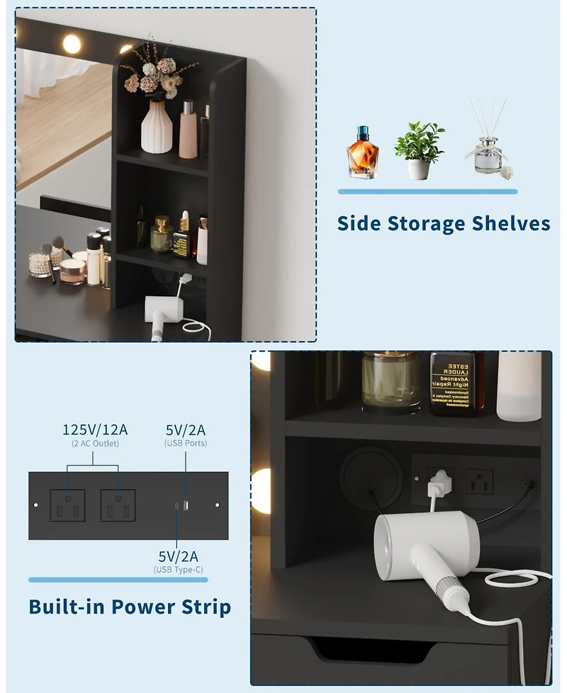 Homfan Vanity Desk with Mirror and Lights, 4 Drawers, Built-in Power Outlet Usb, Adjustable Led Lighting, Makeup Table for Bedroom