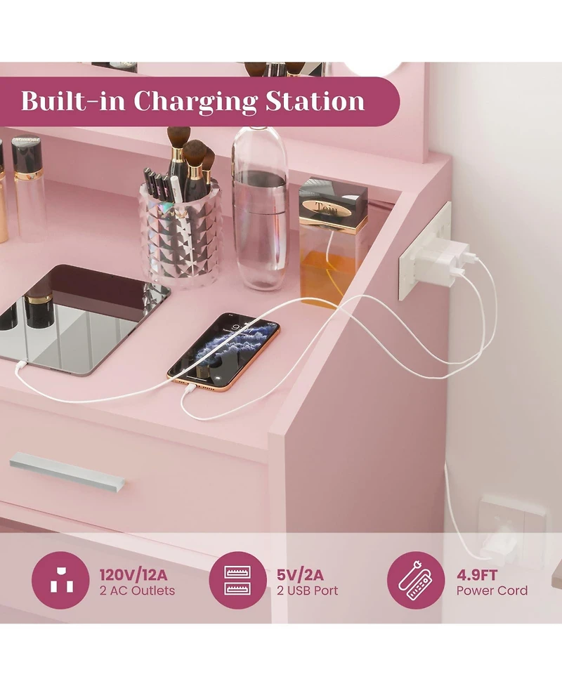 Homfan Modern Vanity Desk with Mirror, Led Lights, Power Outlet, Usb Ports, 2 Drawers, 3 Lighting Modes, Stool, Hairdryer Holder, Bedroom Makeup Table