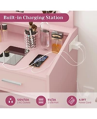Homfan Modern Vanity Desk with Mirror, Led Lights, Power Outlet, Usb Ports, 2 Drawers, 3 Lighting Modes, Stool, Hairdryer Holder, Bedroom Makeup Table