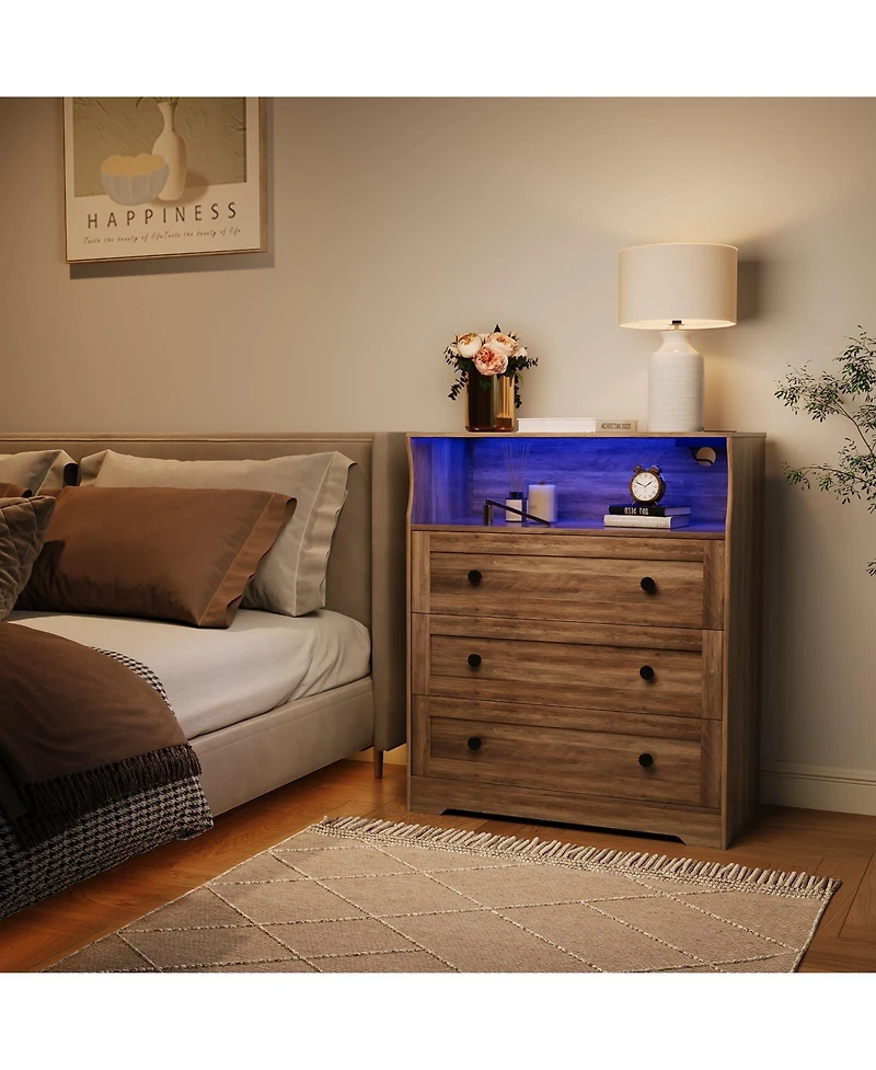 gaomon 3 Drawer Tall Dresser with Led Lights and Charging Station, Wood Storage Cabinet Nightstand
