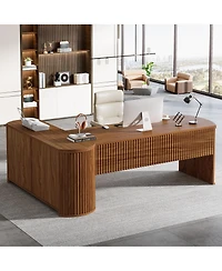 Tribesigns 1 Piece Fluted Engineered Wood L Shaped Executive Desk with Filing Cabinet, Storage Shelves and Privacy Panel