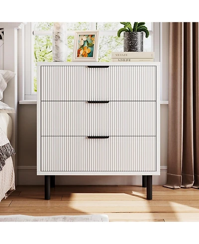 gaomon 3 Drawer Fluted Dresser for Bedroom, Modern Wide Chest of Drawers with Metal Legs