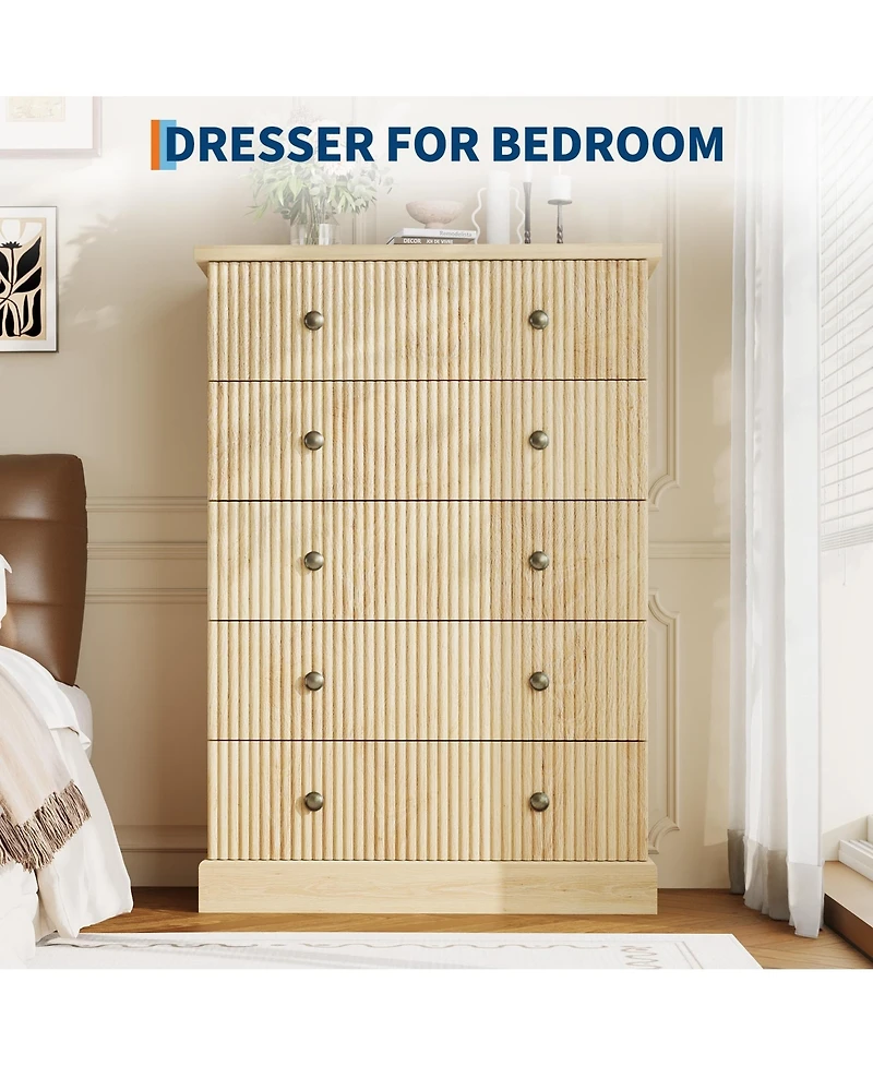 gaomon 5 Drawer Fluted Dresser, Slim Vertical Wood Chest with Metal Handles for Bedroom Apartment Guest Room
