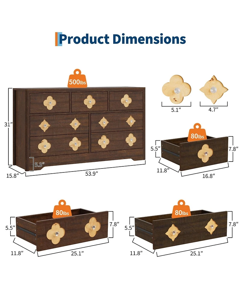 gaomon 54" Wide 7 Drawer Wood Dresser with Decorative Fronts and Crystal Knobs, Storage Tv Stand Organizer