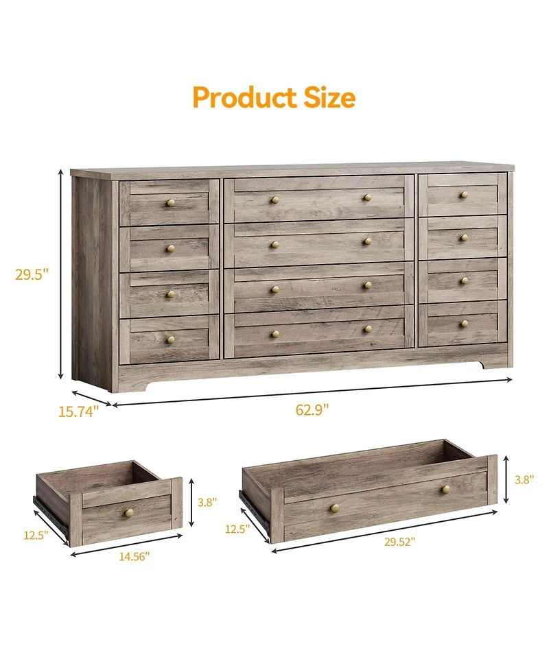gaomon 12 Drawer Wood Dresser with Wide Top for 65" Tv, Modern Farmhouse Storage Cabinet for Bedroom