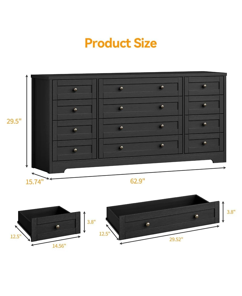 gaomon 12 Drawer Wood Dresser with Wide Top for 65" Tv, Modern Farmhouse Storage Cabinet Bedroom
