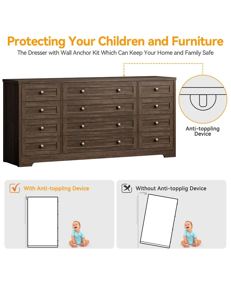 gaomon 12 Drawer Wood Dresser with Wide Top for 65" Tv, Modern Farmhouse Storage Cabinet Bedroom