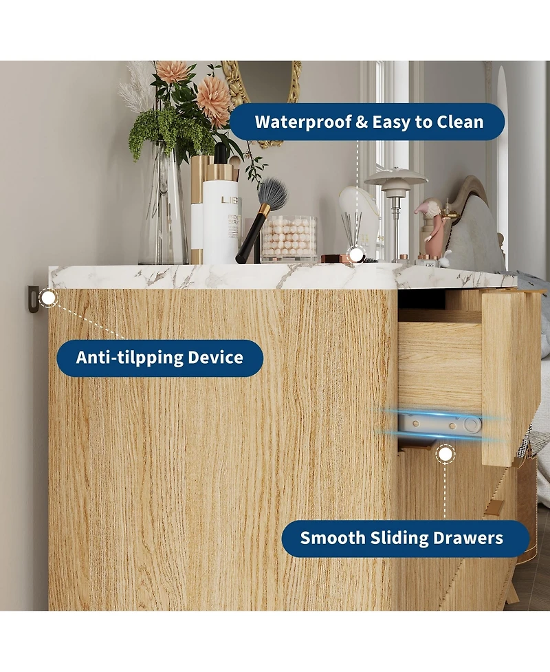 gaomon Fluted 7 Drawer Dresser with Curved Profile and Metal Handles, Mid-Century Wood Storage Chest
