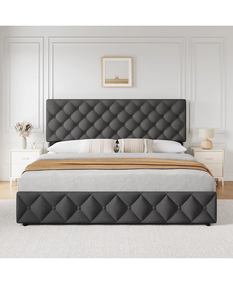 homfan Upholstered Platform Bed Frame with 4 Storage Drawers and Adjustable Diamond-Tufted Headboard