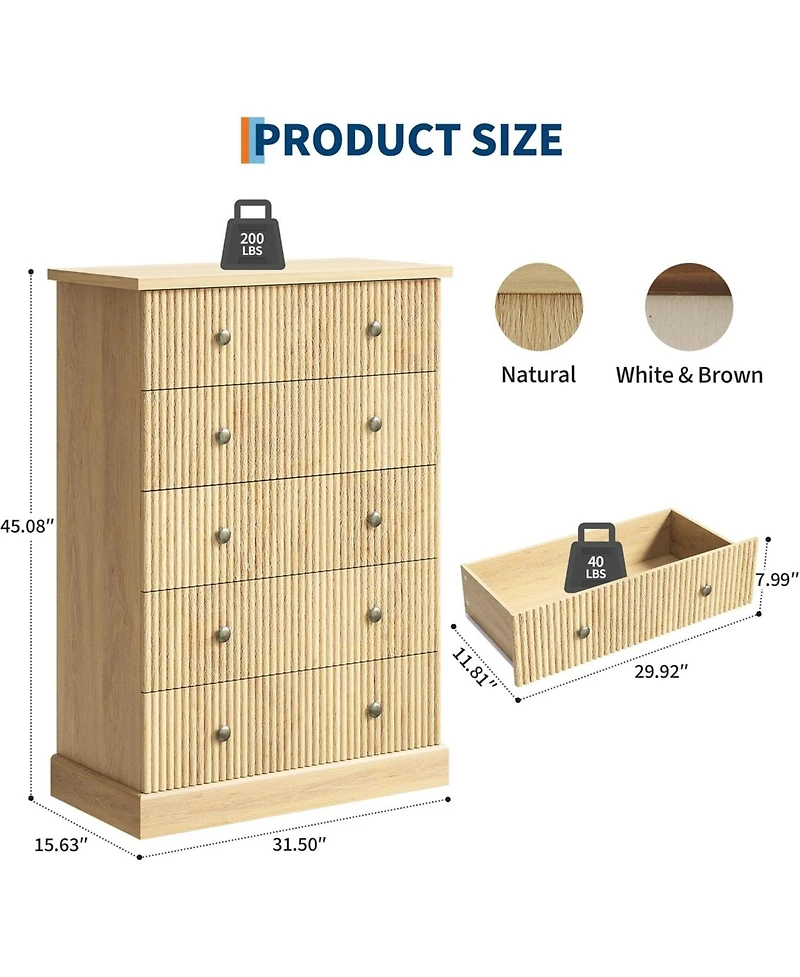 gaomon 5 Drawer Dresser for Bedroom, Tall Vertical Chest of Drawers, Fluted Wood Clothing Storage Small Spaces
