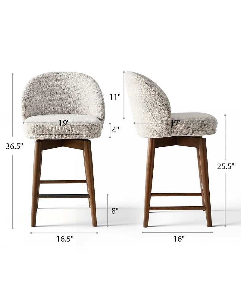 Maison Boucle Walnut Wood Swivel Counter Height Stools Set of 6, Chenille, Armless