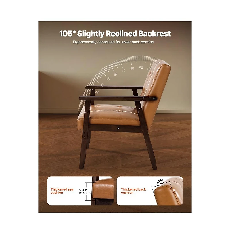 Sugift Mid Century Modern Accent Chair Pu Leather Armchair with Solid Wood Frame