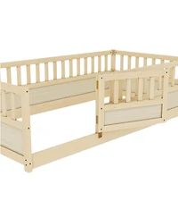flynama Montessori Wooden Floor Bed With High Barrier And Door Wood For Kids Bedroom