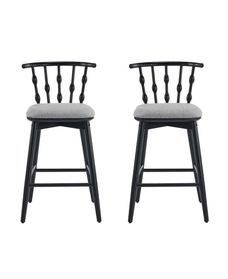 Rainsken Set of 2 Wooden Fabric Upholstered Counter Height Bar Stools with Hourglass Backrest and Footrest