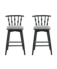 Rainsken Set of 2 Wooden Fabric Upholstered Counter Height Bar Stools with Hourglass Backrest and Footrest