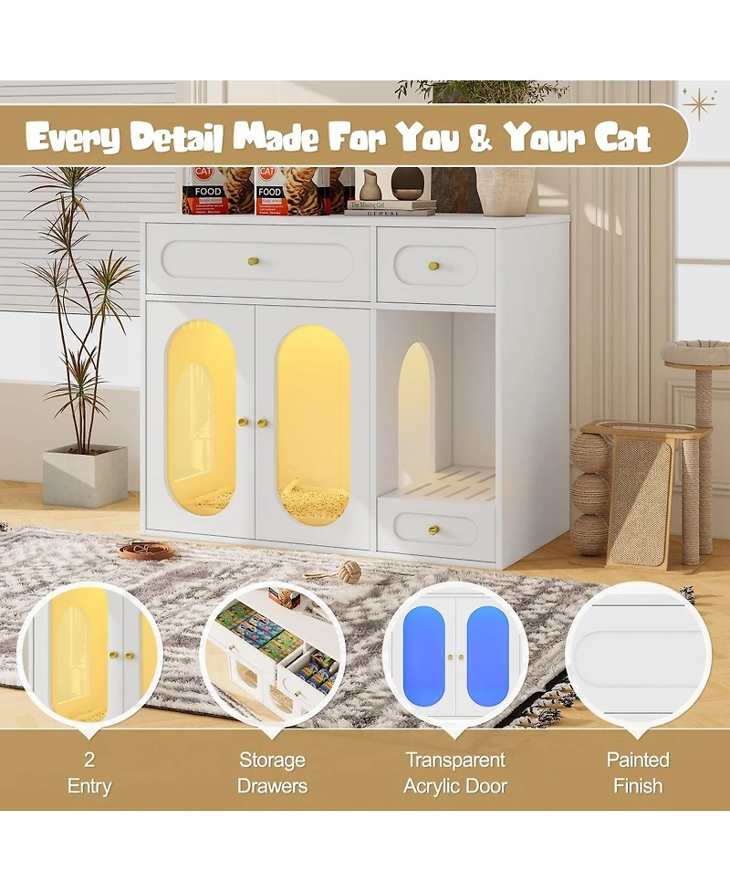 6thdruple Modern Green Cat Litter Box Cabinet, Led Hidden Cat House with Storage Drawers