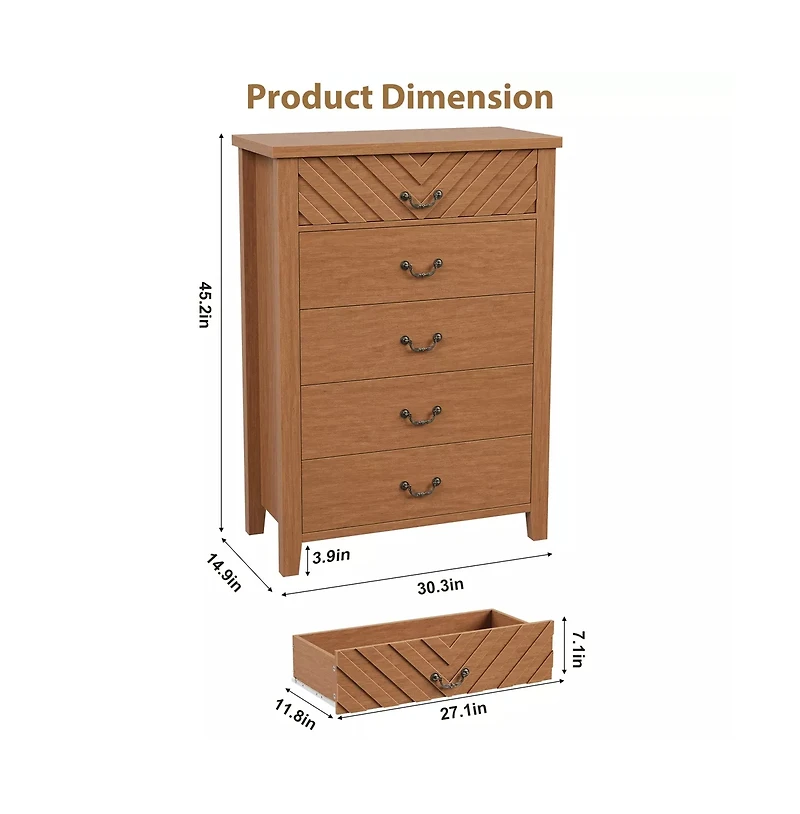 gaomon Farmhouse 5-Drawer Dresser for Bedroom, Freestanding Vertical Wooden Storage Chest