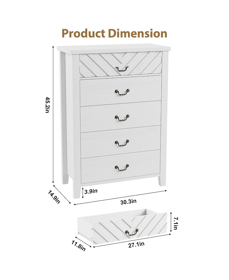 gaomon Farmhouse 5-Drawer Dresser for Bedroom, Freestanding Vertical Wooden Storage Chest