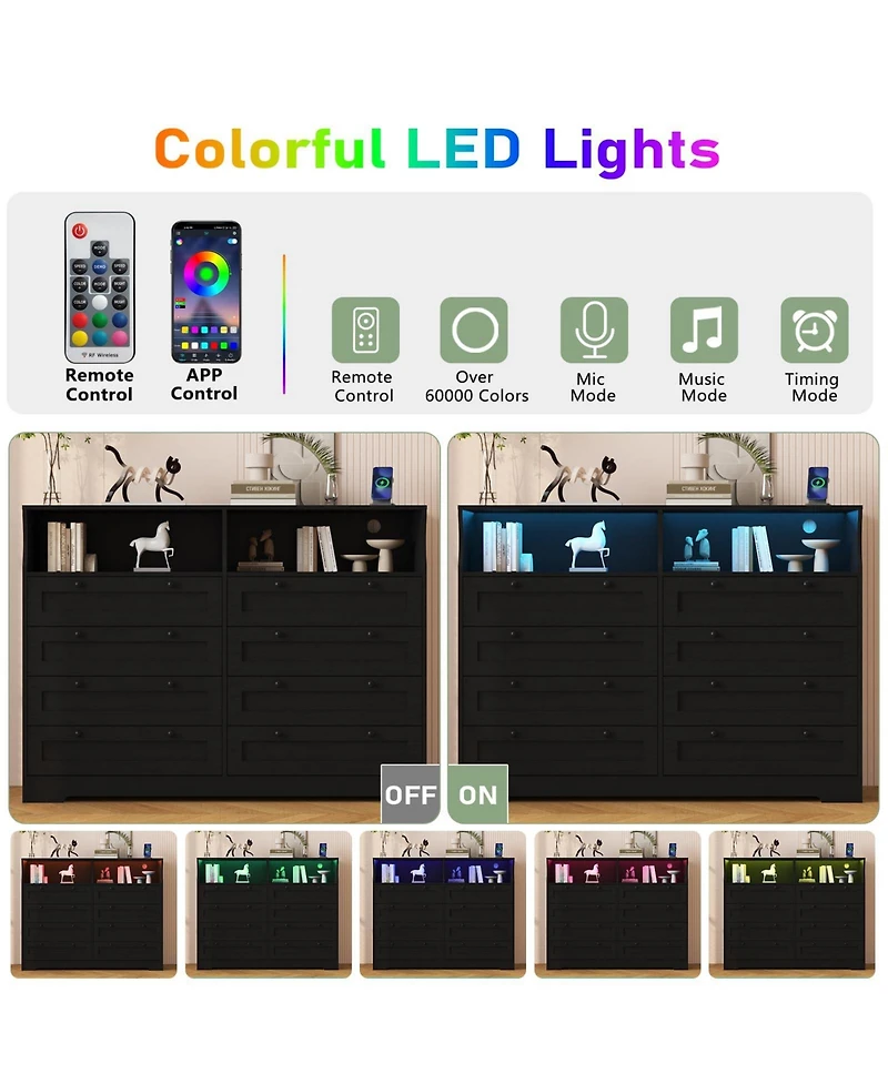 gaomon 8 Drawer Dresser with Rgb Led Lights, Power Outlet and 2 Open Shelves