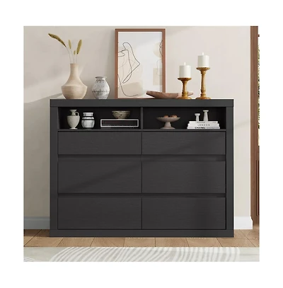 gaomon 6 Drawer Modern Wooden Dresser with 2 Open Shelves, 47" Wide Handleless Storage Chest for Bedroom