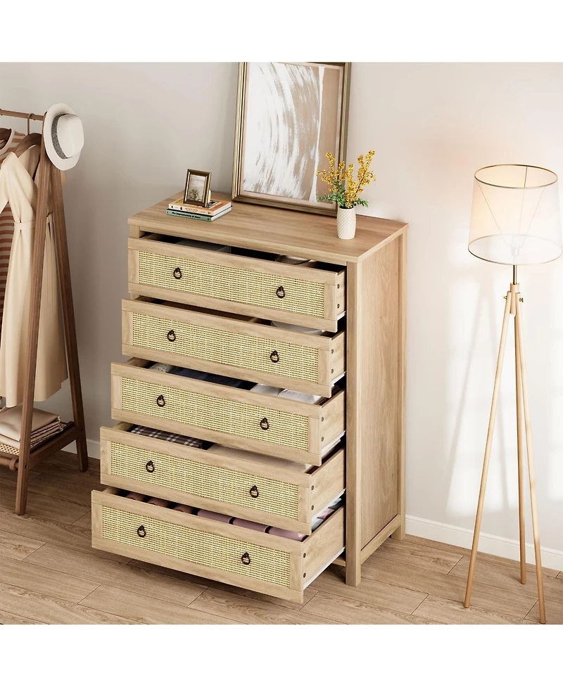 gaomon Rattan 5 Drawer Dresser, 45" Tall Wooden Storage Chest and Tv Stand for Bedroom Living Room Entryway