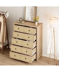 gaomon Rattan 5 Drawer Dresser, 45" Tall Wooden Storage Chest and Tv Stand for Bedroom Living Room Entryway