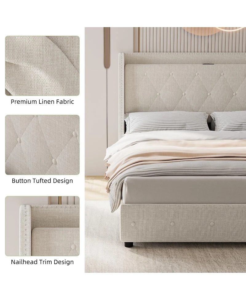 gaomon Upholstered Bed Frame with 4 Drawers, Charging Station and Wingback Headboard