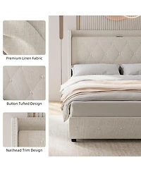 gaomon Upholstered Bed Frame with 4 Drawers, Charging Station and Wingback Headboard