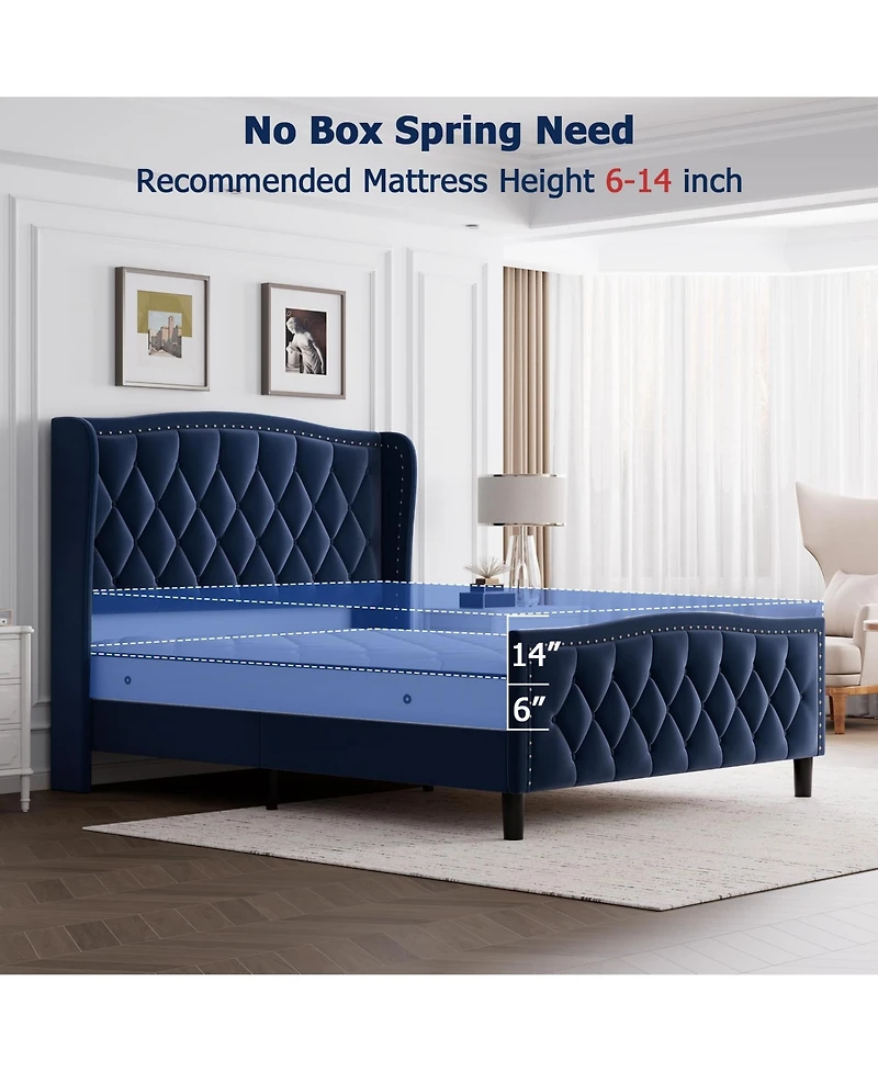 gaomon Bed Frame, Velvet Upholstered Platform Bed with Wingback Headboard, Wooden Slat Support
