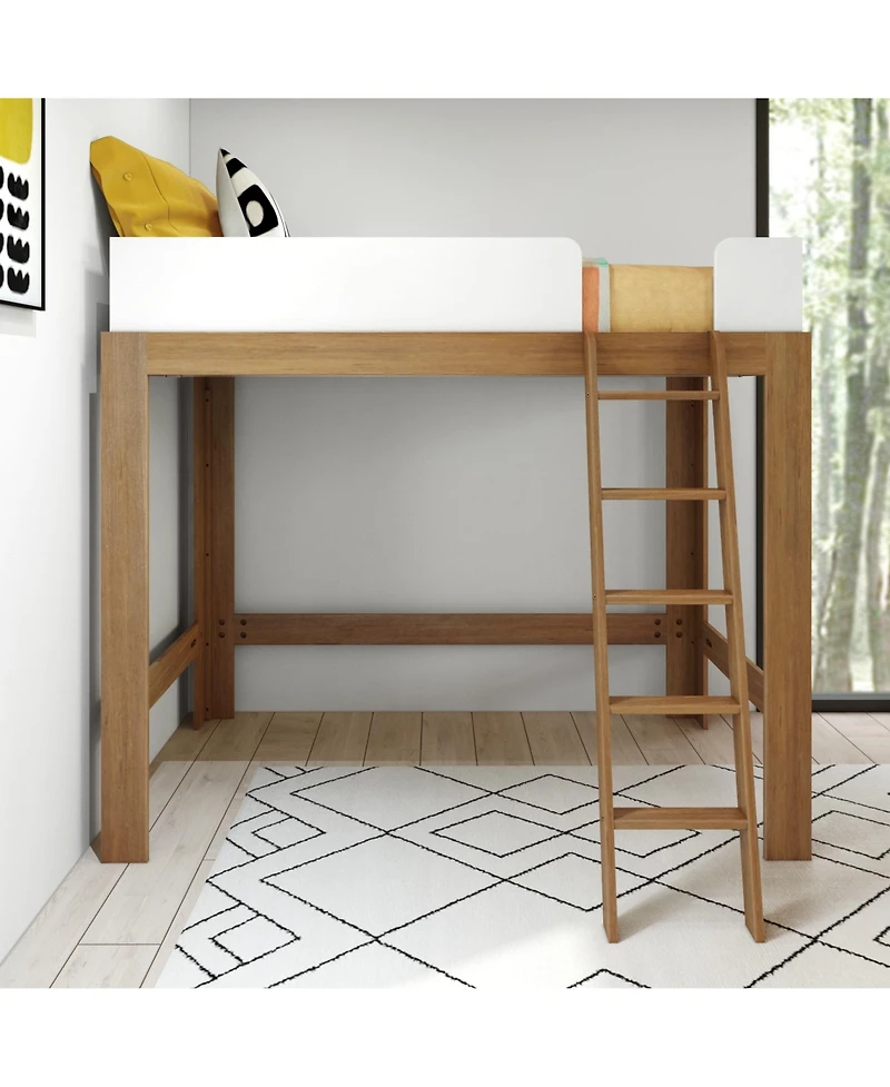 Max and Lily Twin Loft Bed, Mid-Century Modern Solid Wood High Beds for Kids