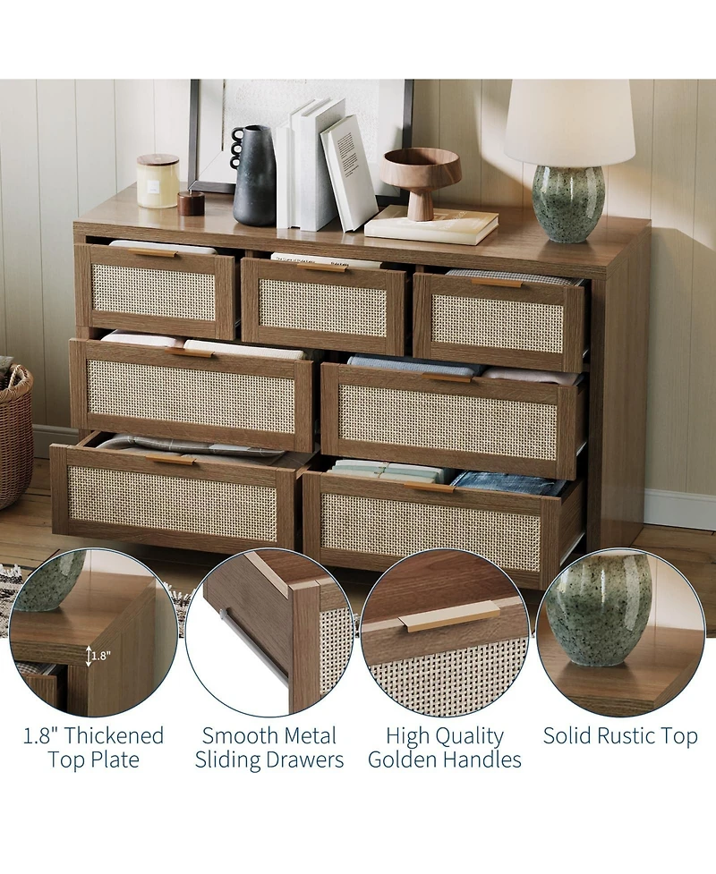 gaomon 7-Drawer Dresser for Bedroom, 52" Wide Rattan Modern Wood Chest with Metal Handles