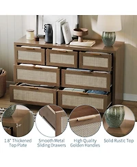 gaomon 7-Drawer Dresser for Bedroom, 52" Wide Rattan Modern Wood Chest with Metal Handles