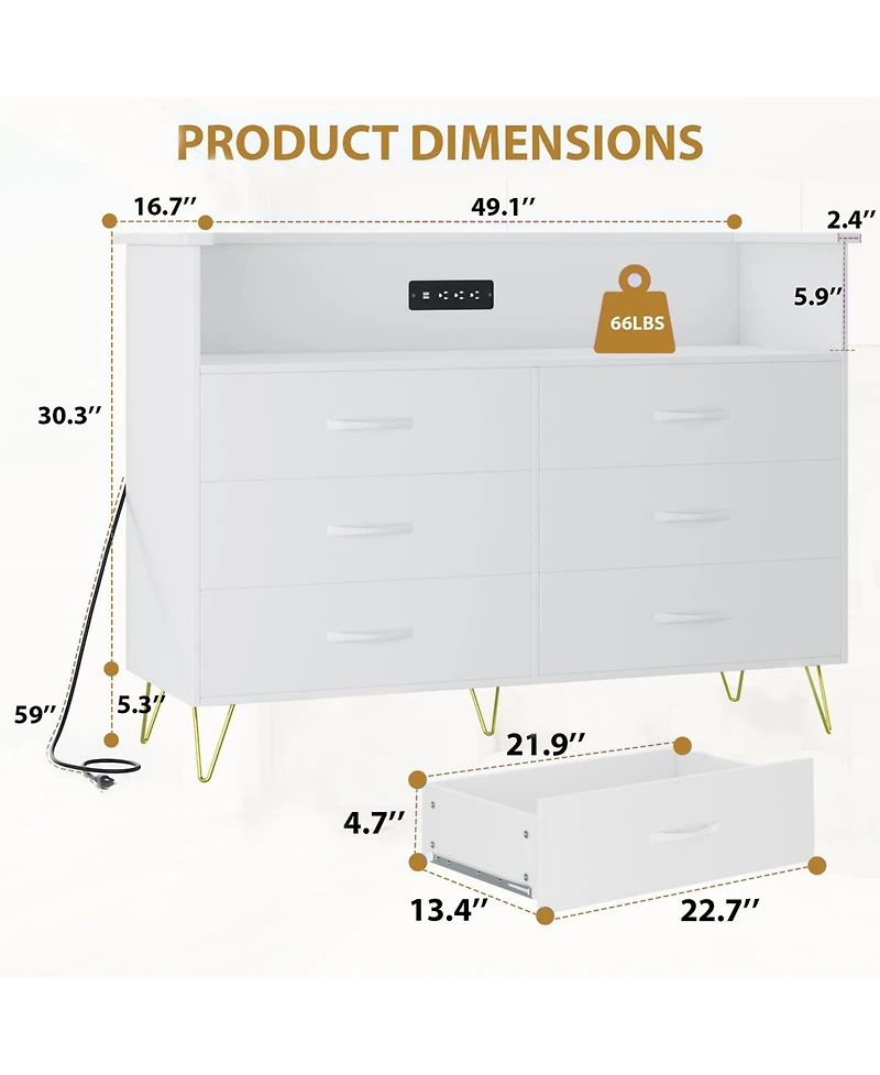 gaomon 6 Drawer Dresser with Led Lights and Charging Station, Wood Storage Chest Steel Frame