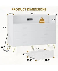 gaomon 6 Drawer Dresser with Led Lights and Charging Station, Wood Storage Chest Steel Frame