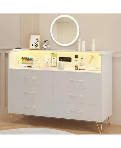 gaomon 6 Drawer Dresser with Led Lights and Charging Station, Wood Storage Chest Steel Frame