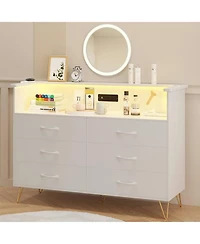 gaomon 6 Drawer Dresser with Led Lights and Charging Station, Wood Storage Chest Steel Frame