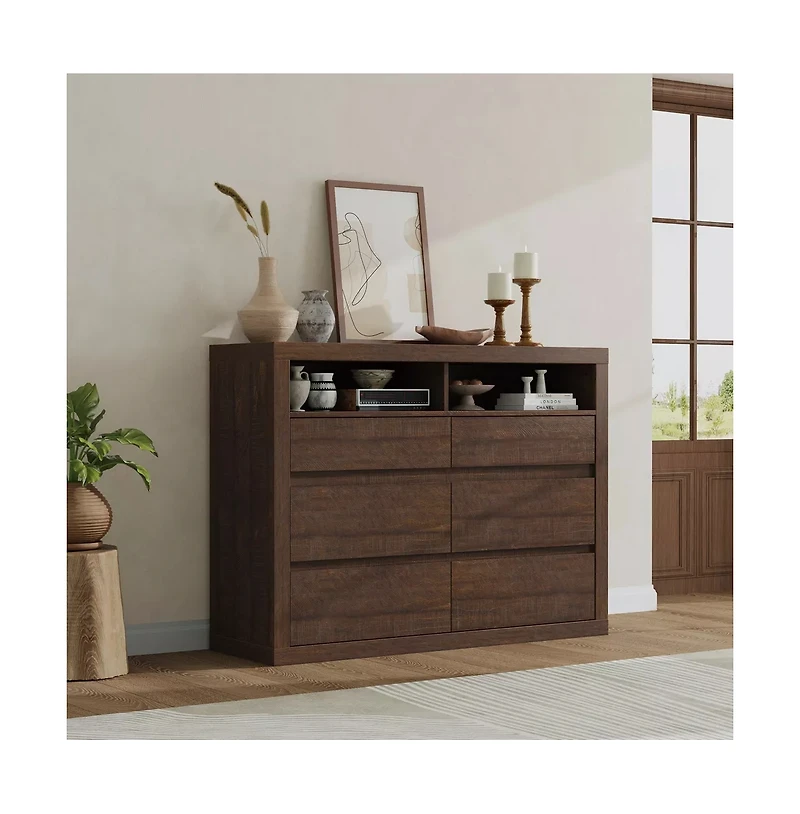 gaomon 6 Drawer Modern Wooden Dresser with 2 Open Shelves, 47" Wide Handleless Storage Chest for Bedroom