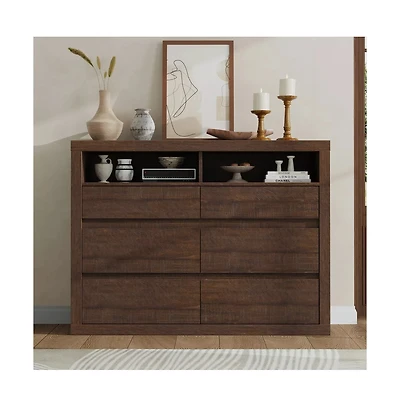 gaomon 6 Drawer Modern Wooden Dresser with 2 Open Shelves, 47" Wide Handleless Storage Chest for Bedroom