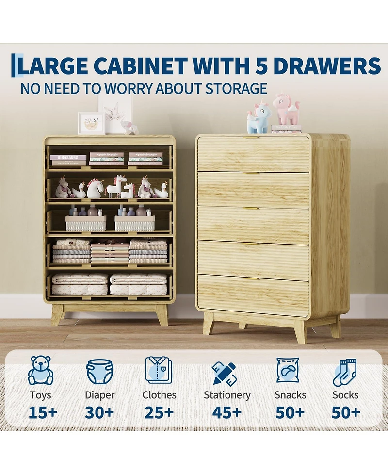 gaomon Fluted 5 Drawer Dresser with Gold Handles, 46" Tall Wood Storage Cabinet with Curved Profile for Bedroom