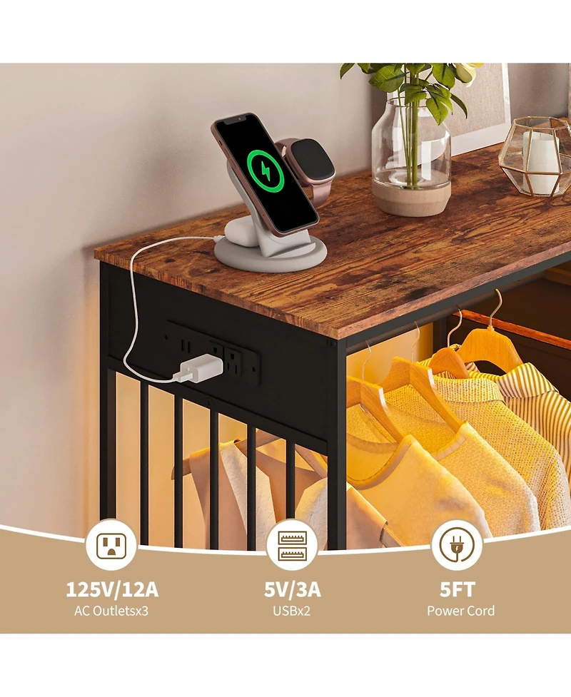gaomon 49.2" Dresser with Hanging Rack, 6 Fabric Drawers, Led Lights and Charging Station Storage Organizer