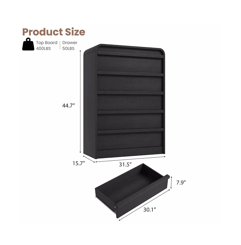 gaomon Arched 5 Drawer Wood Dresser with Curved Profile, Modern Storage Chest